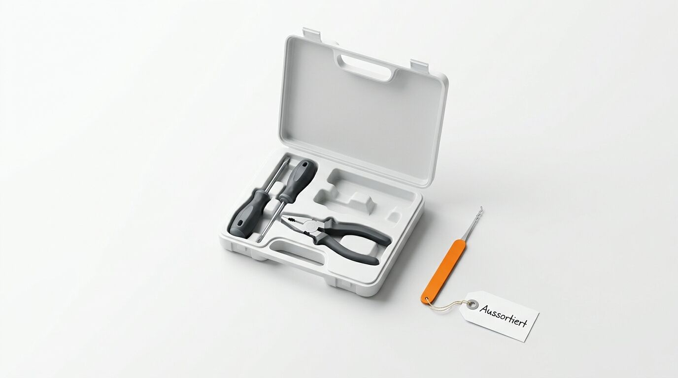 Werkzeugkoffer mit Inhalt und Lockpick mit „Aussortiert“-Schild