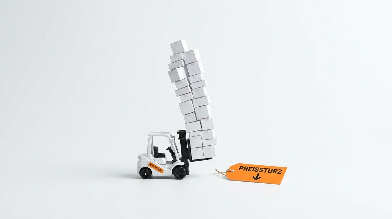 Modellgabelstapler mit gestapelten Kartons und einem Preisschild mit der Aufschrift „Preissturz“