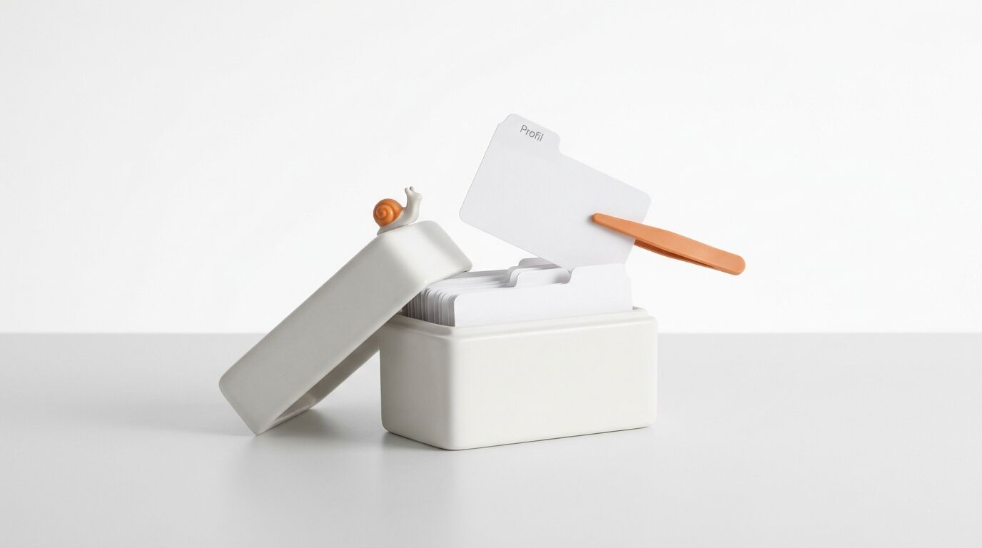 Keramikbox mit Schnecke auf Deckel, Karteikarten und orangefarbener Klammer vor hellem Grund