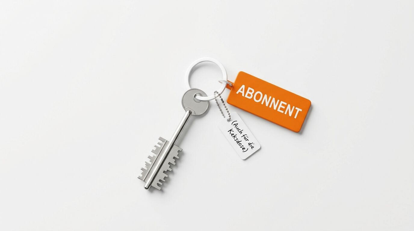Ein Sicherheitsschlüssel am Ring mit orangefarbenem „ABONNENT“-Anhänger und kleinem weißen Anhänger
