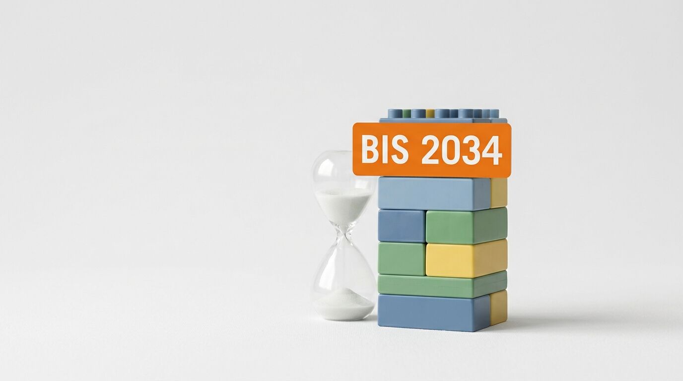 Sanduhr und Bausteinstapel mit orangefarbenem Schild: „BIS 2034“