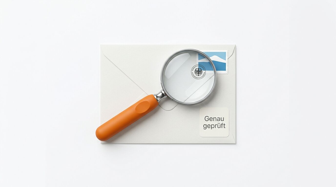 Lupe mit orangem Griff auf Umschlag mit Briefmarke und Text "Genau geprüft"