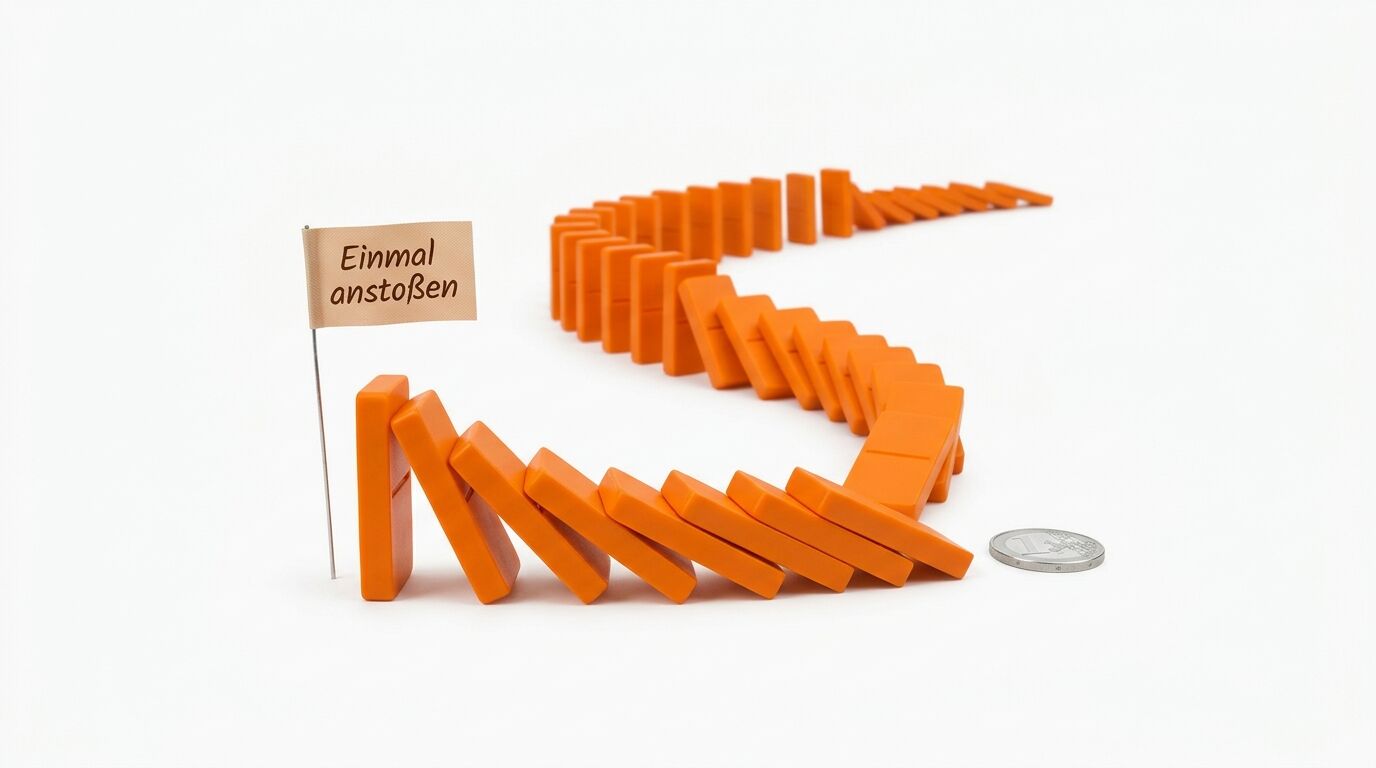 Orange Dominosteine in Kettenreaktion mit Flagge "Einmal anstoßen" und Münze als Größenvergleich
