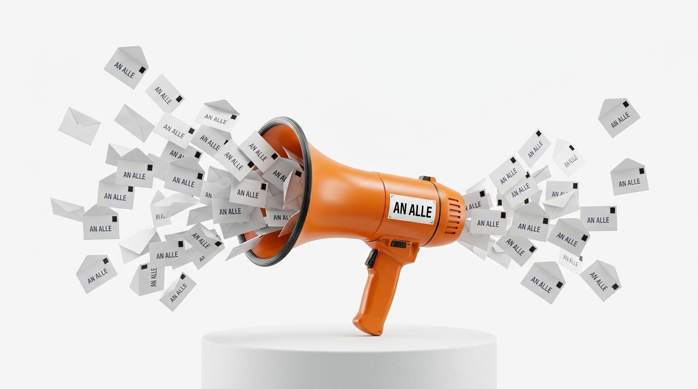 Ein orangefarbenes Megafon verteilt weiße Karten mit "AN ALLE" Aufschrift in alle Richtungen