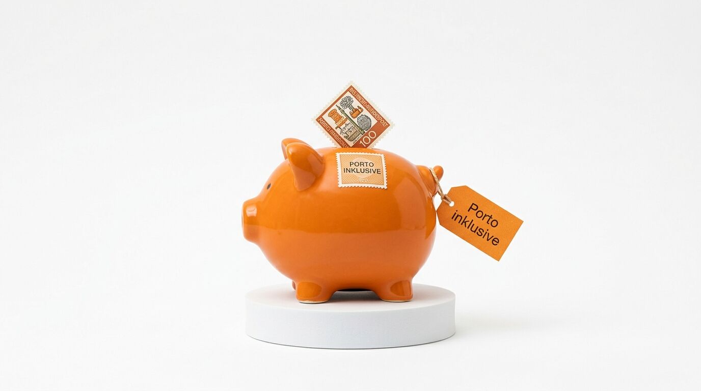 Oranges Sparschwein mit "Porto Inklusive" Aufklebern und Briefmarke auf weißem Podest vor grauem Hintergrund