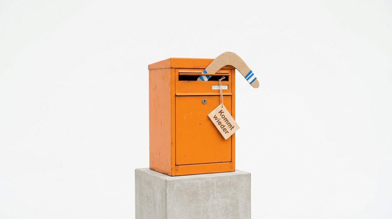 Orangener Briefkasten auf grauem Betonsockel mit Schriftzug "Kommt Wir?" und ausgehendem Papierflugzeug gegen weiße Wand