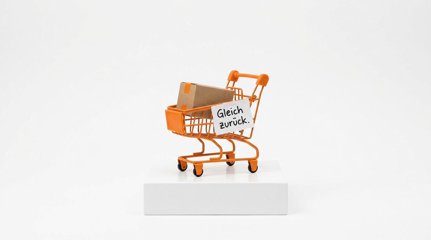 Orangener Einkaufswagen mit Paket und Notiz "Gleich zurück" auf weißem Podest vor grauem Hintergrund