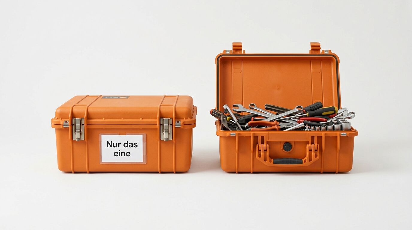 Zwei orange Kunststoffkoffer nebeneinander. Der linke ist geschlossen mit Etikett "Nur das eine". Der rechte ist offen und gefüllt mit Werkzeugen