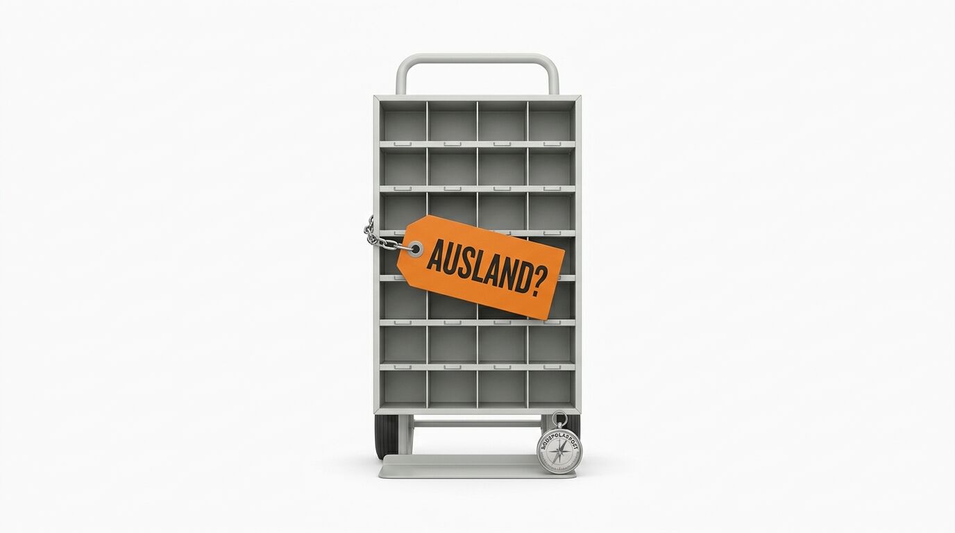 Rollregal mit Fächern, orangefarbenem Schild „AUSLAND?“ und Kompass davor auf weißem Grund