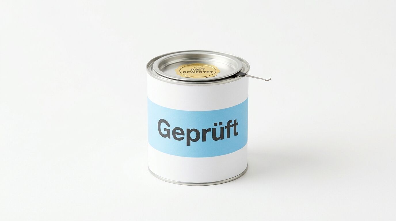 Dose mit Aufschrift „Geprüft“ und Siegel „AMT BEWERTET“ auf Weiß
