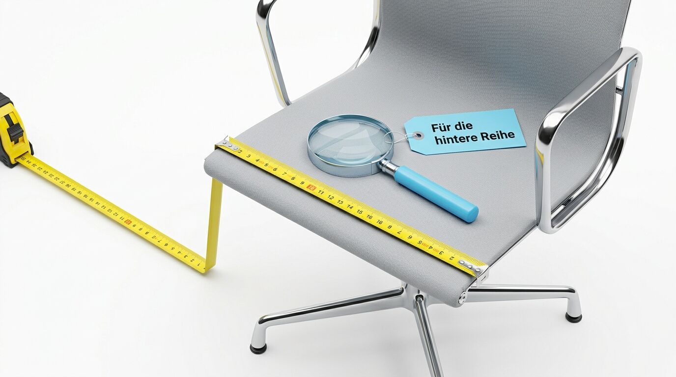 Bürostuhl mit Messstab, Lupe und blauem Etikett "Für die hintere Reihe" auf der Sitzfläche