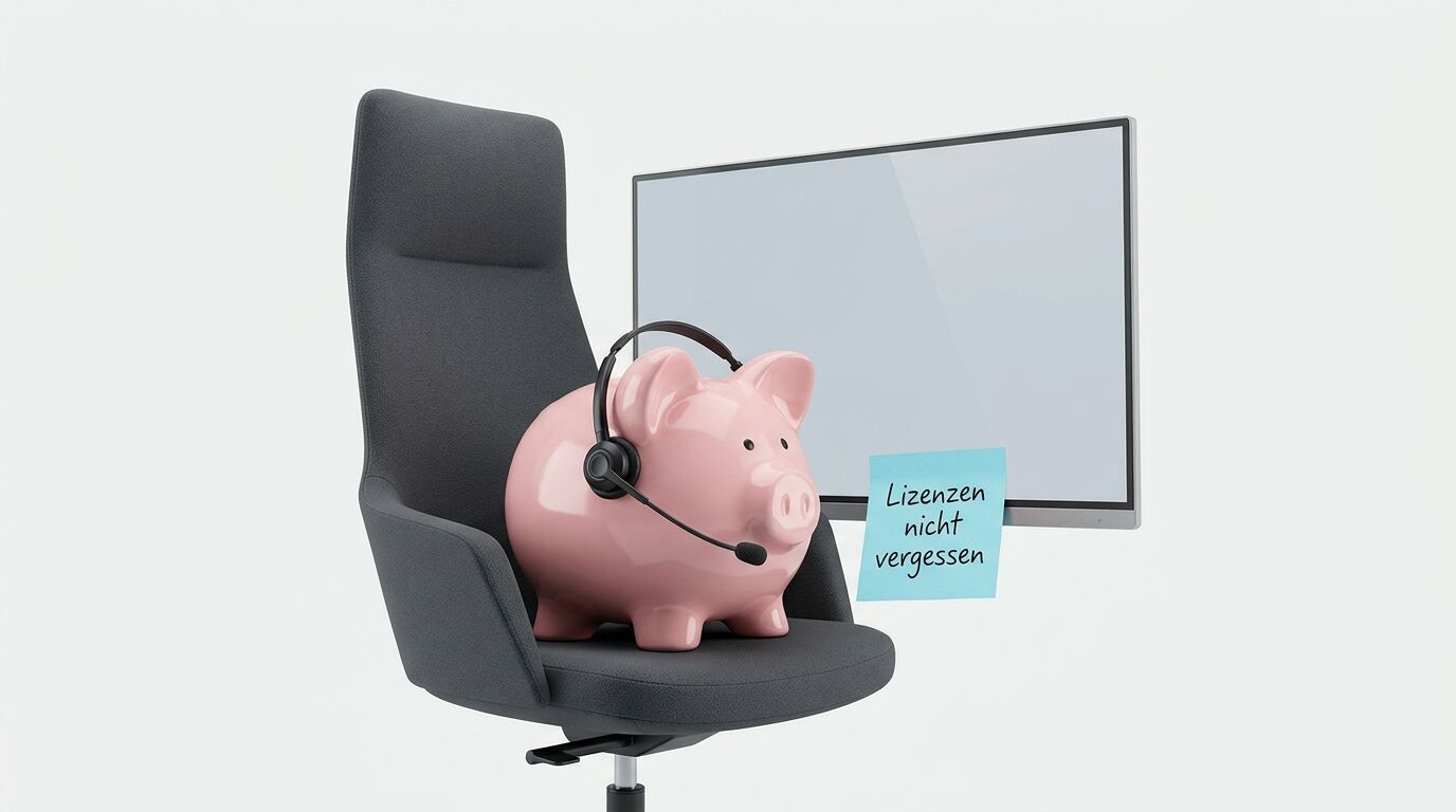 Sparschwein mit Kopfhörer sitzt auf grauem Bürostuhl vor Monitor. Klebriges Notiz mit deutschem Text "Lizenzen nicht vergessen"