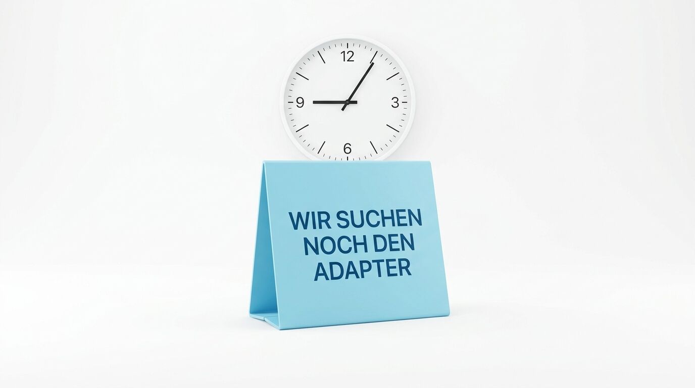 Eine Uhr zeigt 9 Uhr an und steht auf einem blauen Schild mit der Aufschrift "WIR SUCHEN NOCH DEN ADAPTER"