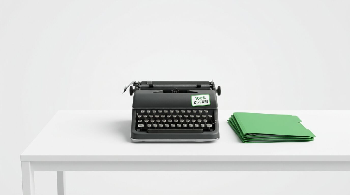 Schreibmaschine mit „100% KI-FREI“-Sticker und grüne Aktenordner auf weißem Tisch