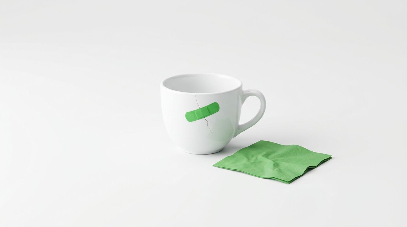 Weiße Tasse mit Riss und grünem Pflaster sowie eine grüne Serviette auf weißem Grund