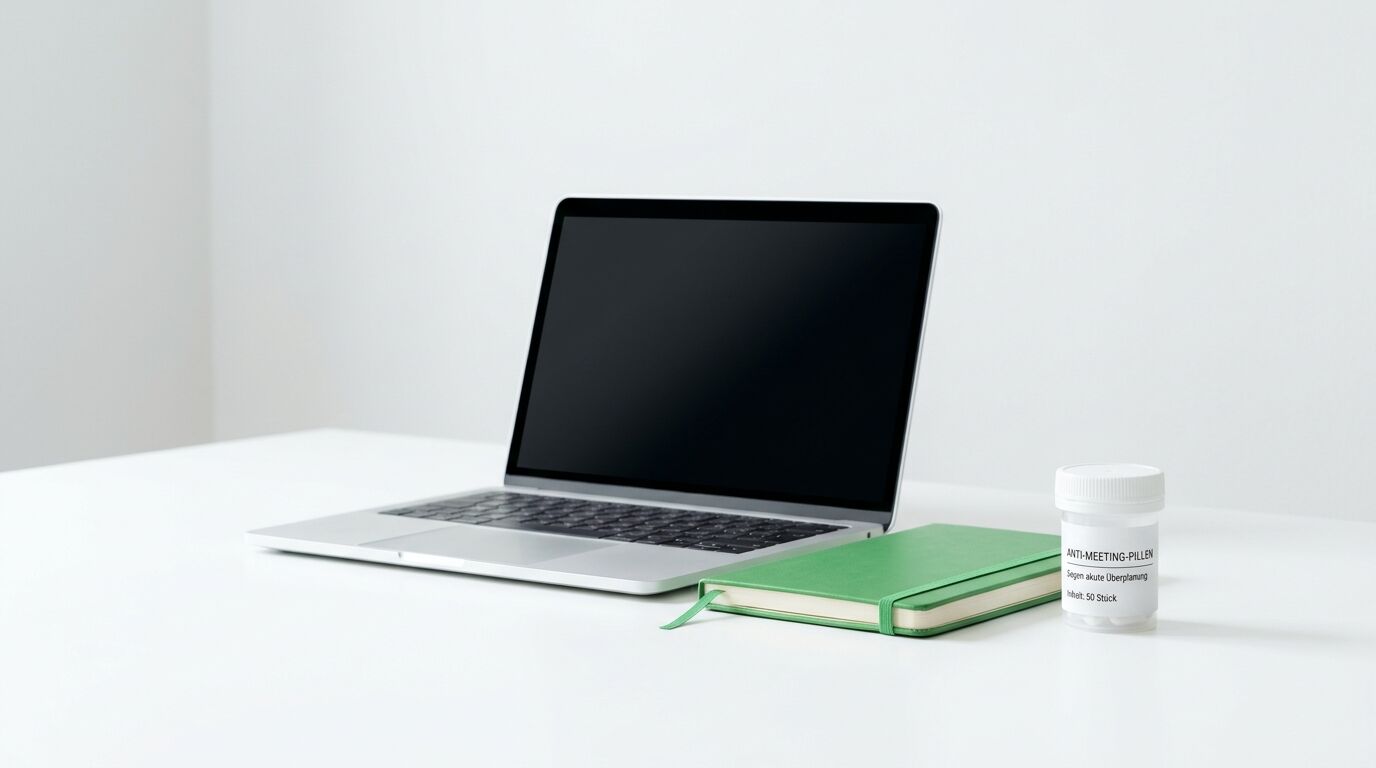 Laptop, grünes Notizbuch und Scherz-Pillenfläschchen auf weißem Tisch vor hellem Hintergrund