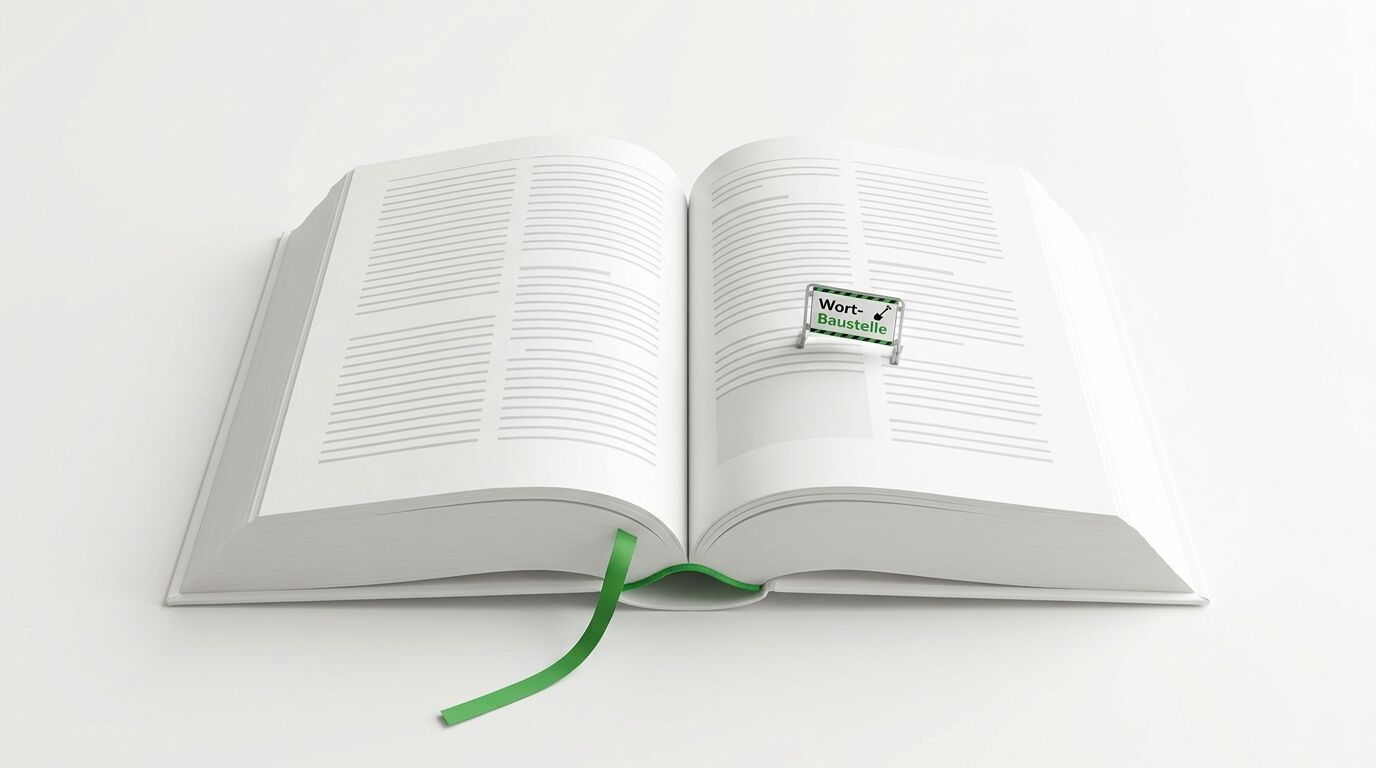 Offenes Buch mit einem Baustellenschild „Wort-Baustelle“ und grünem Leseband