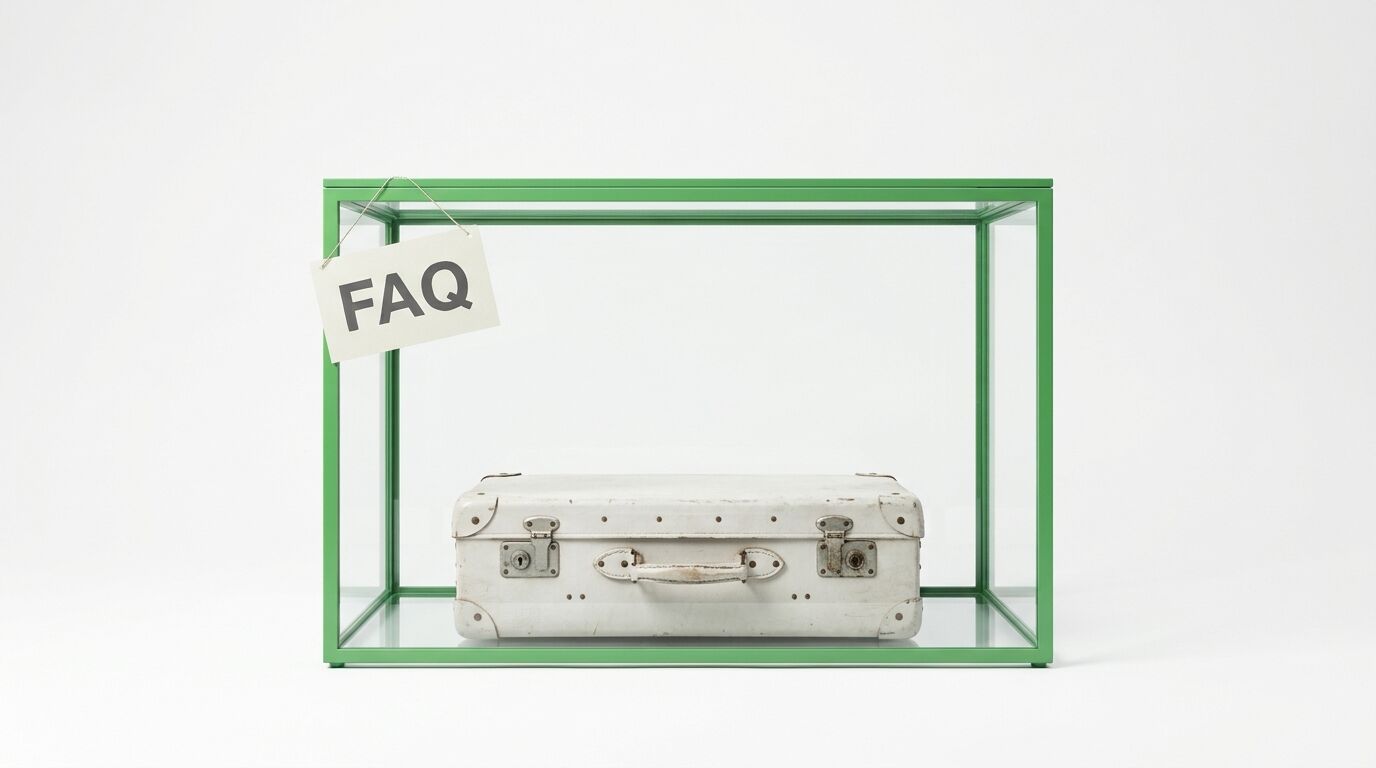 Weißer Koffer in grün umrahmter Vitrine mit einem Schild, auf dem „FAQ“ steht