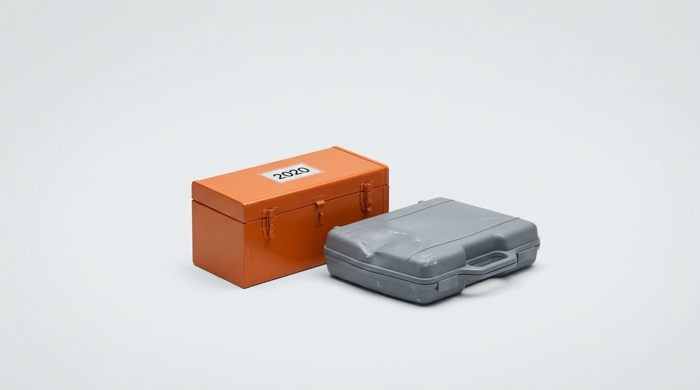 Orangener Metallkasten mit Aufschrift '2020' neben grauem Kunststoffkoffer