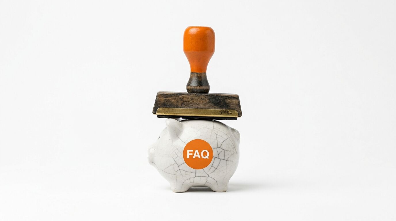 Ein Stempel mit orangefarbenem Griff auf einem weißen Sparschwein mit „FAQ“-Sticker