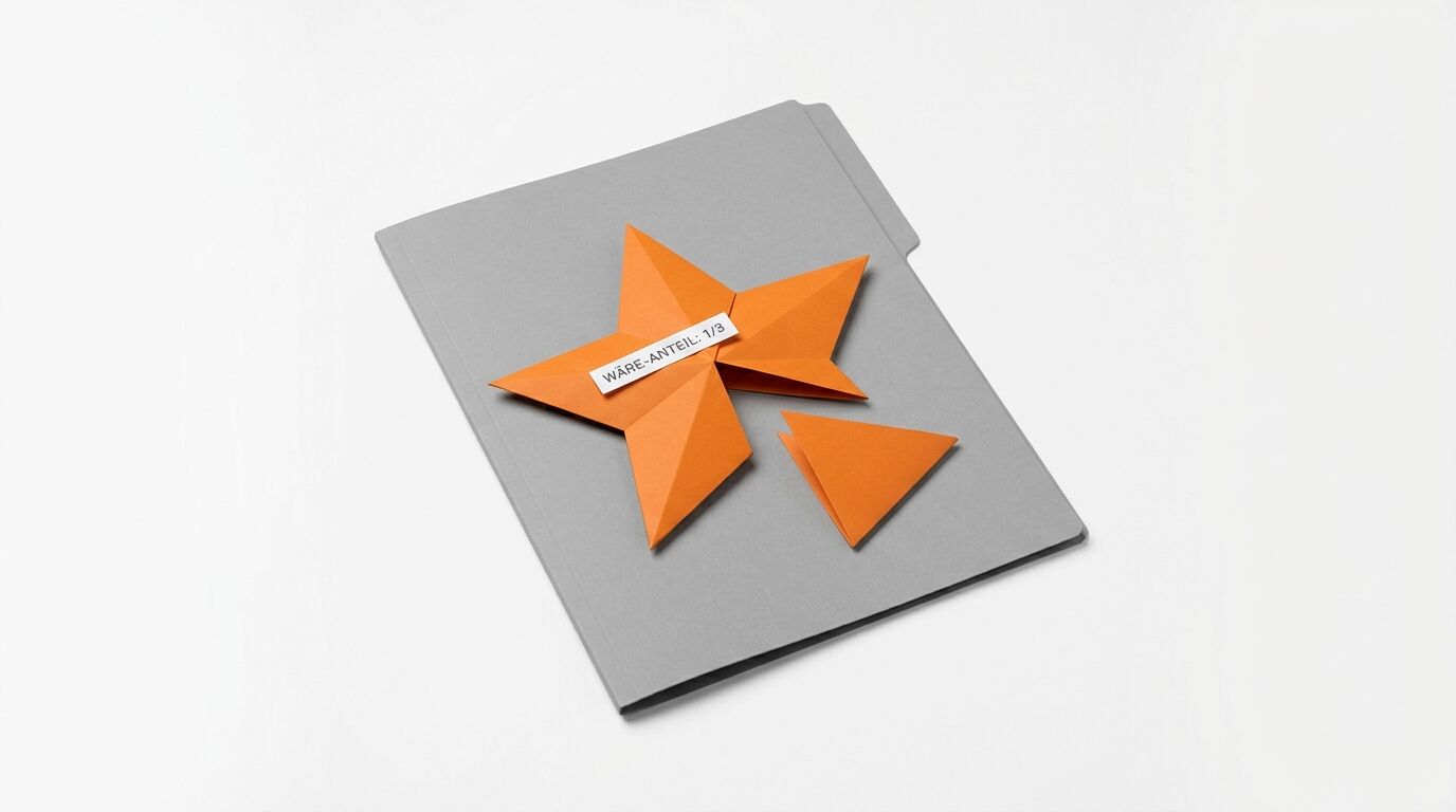 Graue Mappe mit orangefarbenem Origami-Stern, Etikett und Dreieck auf weißem Grund