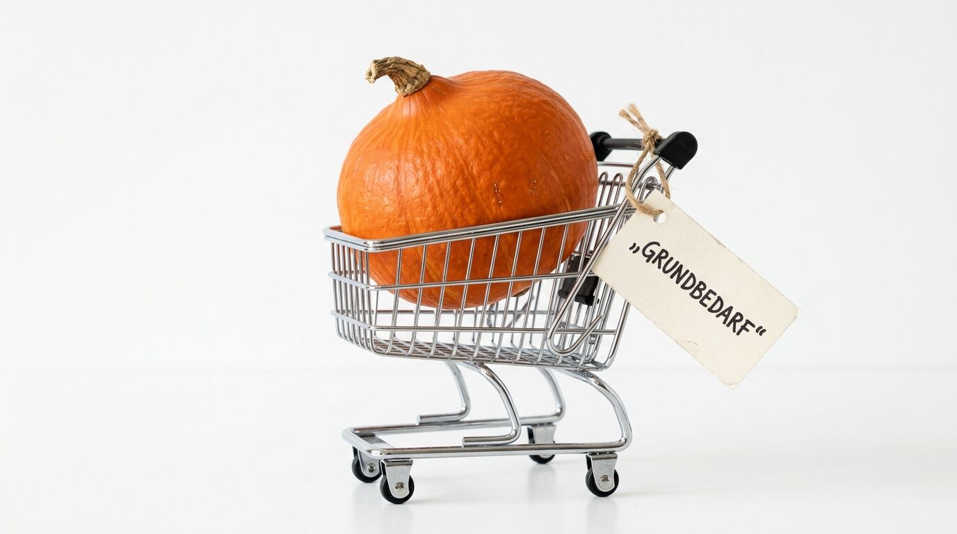 Kürbis in Einkaufswagen mit Schild „GRUNDBEDARF“ vor weißem Hintergrund
