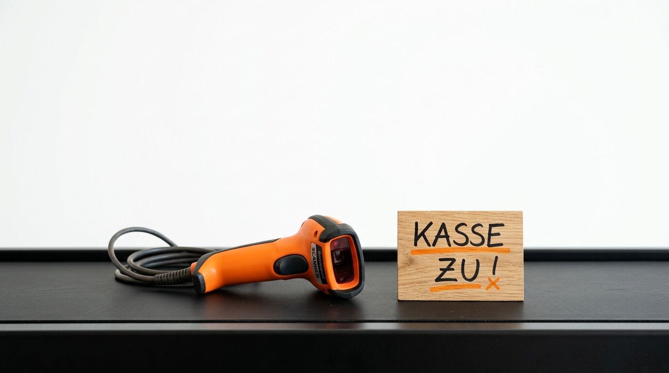 Oranger Handscanner und Holzaufsteller mit „KASSE ZU!“ auf Kassenband