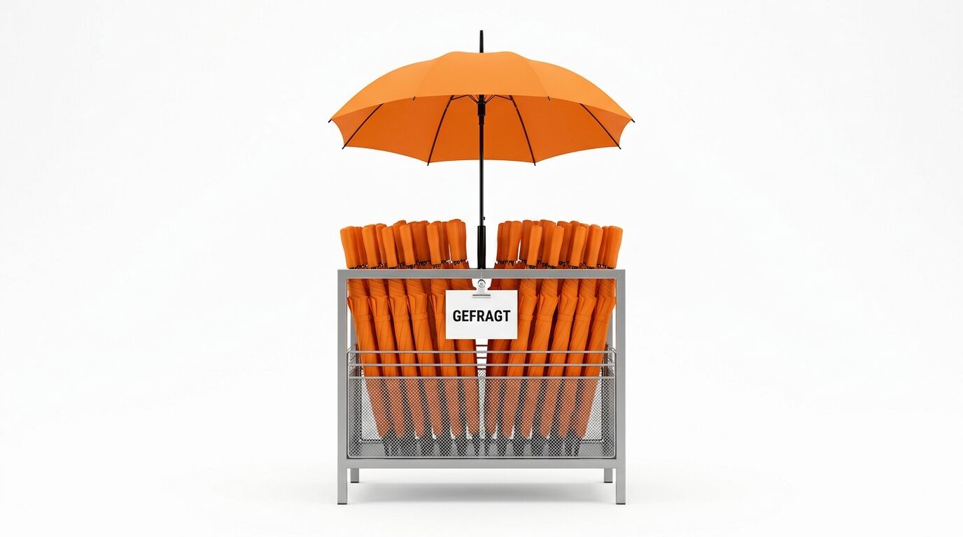 Ein Schirmständer voller orangefarbener Regenschirme, darüber ein offener