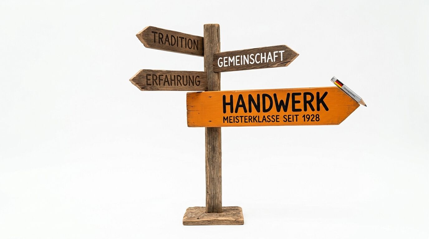 Wegweiser aus Holz mit Begriffen rund ums Handwerk und einem Stift vor weißem Hintergrund