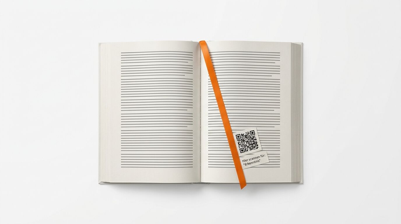 Aufgeschlagenes Buch mit einem Lesezeichen und einem QR-Code