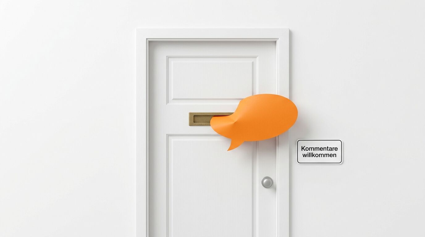 Weiße Tür mit orange Sprechblase im Briefschlitz und Schild 