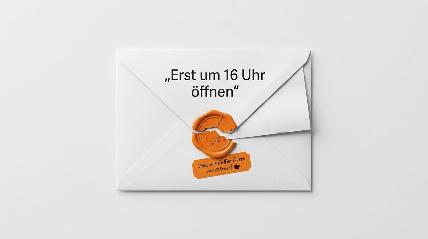 Umschlag mit Text, zerbrochenem Siegel und Kaffee-Etikett auf weißem Grund