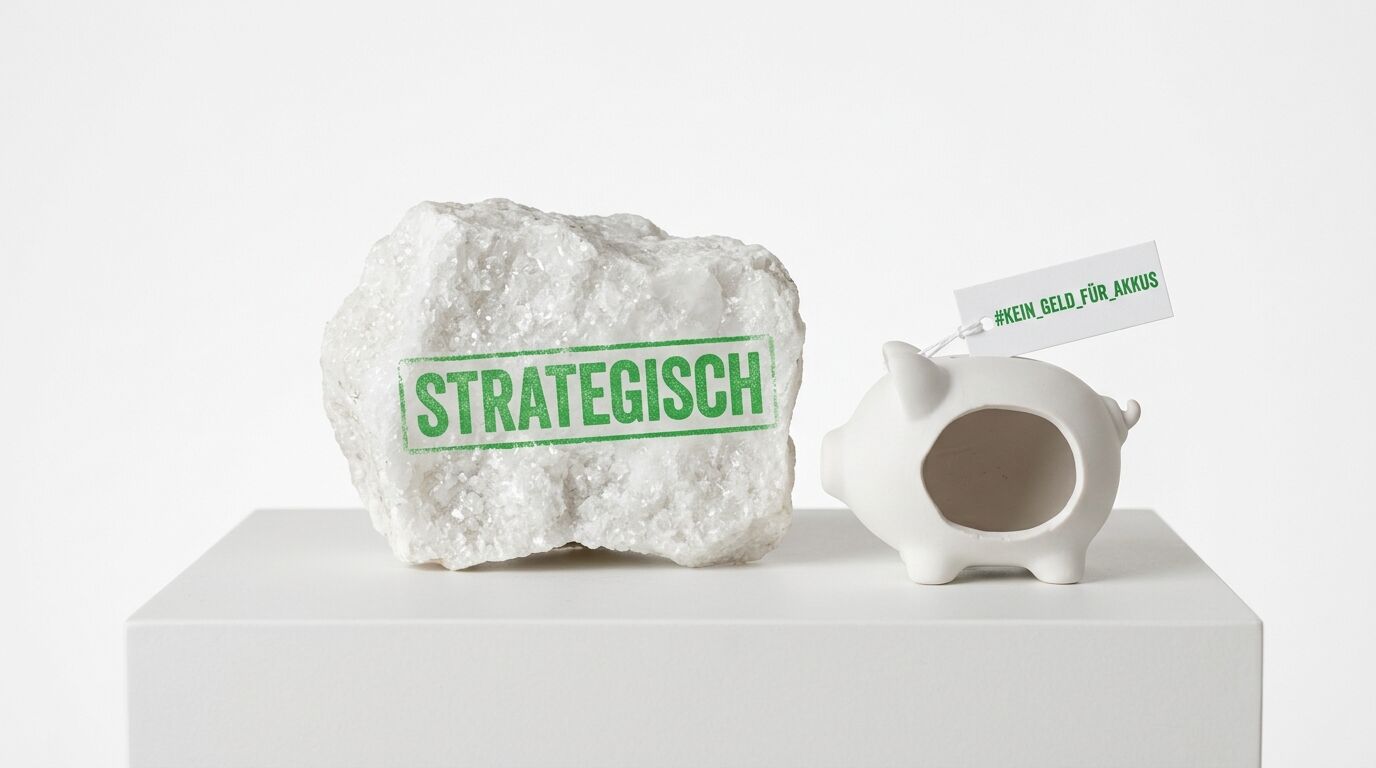 Ein weißer Marmorstein mit grünem Aufdruck „STRATEGISCH“ neben einem leeren weißen Sparschwein mit einem Etikett „#KEIN_GELD_FÜR_AKKUS“ auf einem weißen Podest vor weißem Hintergrund