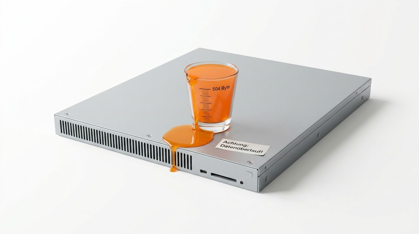 Auf Servergehäuse laufende orange Flüssigkeit aus gefülltem Messbecher mit Aufschrift „504 Byte“