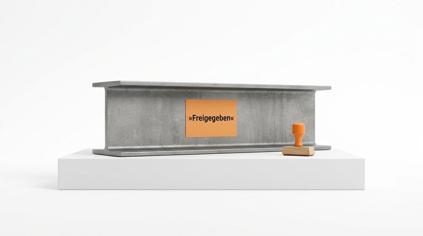 Ein Stahlträger auf einem Sockel mit einem Aufkleber „»Freigegeben«“ und einem Holzstempel