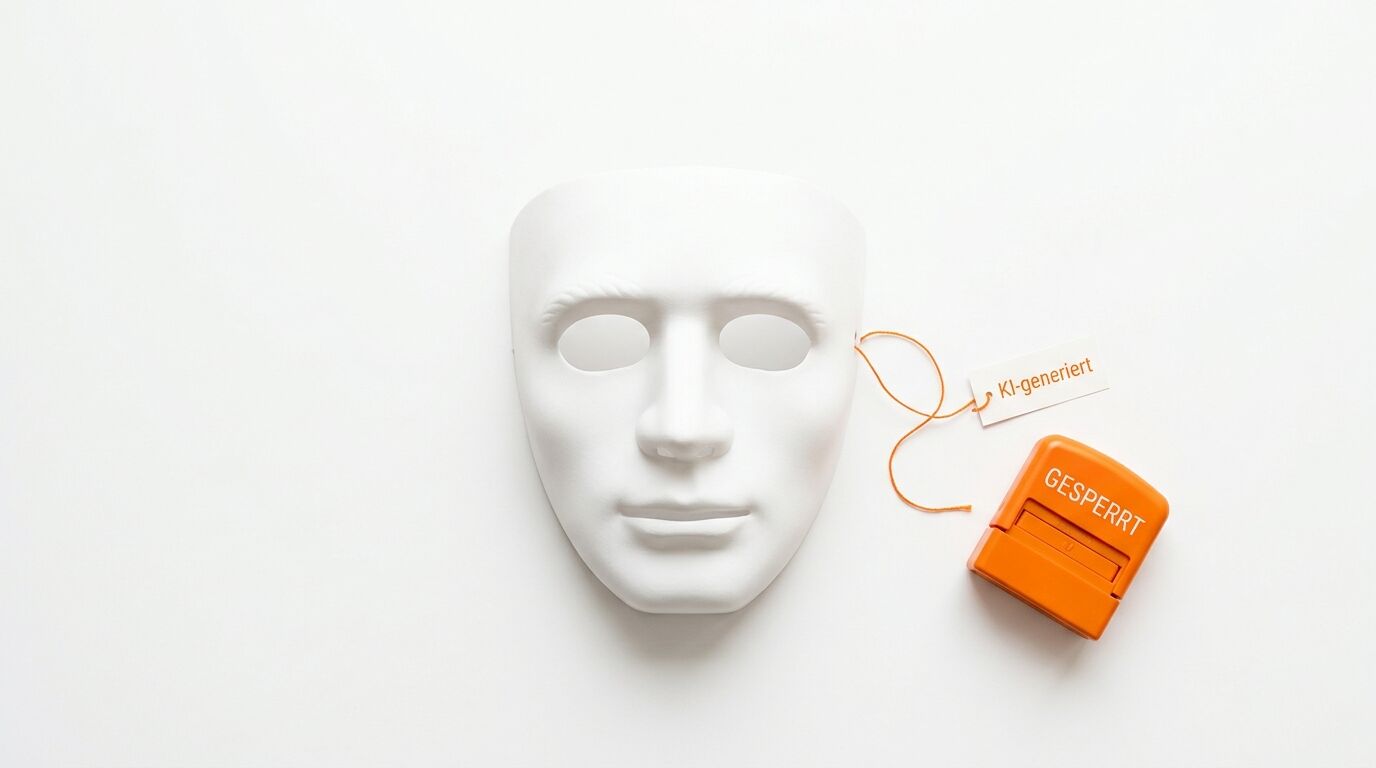 Weiße Maske mit Anhänger „KI-generiert“ und orangefarbenem Stempel „GESPERRT“ auf Weiß