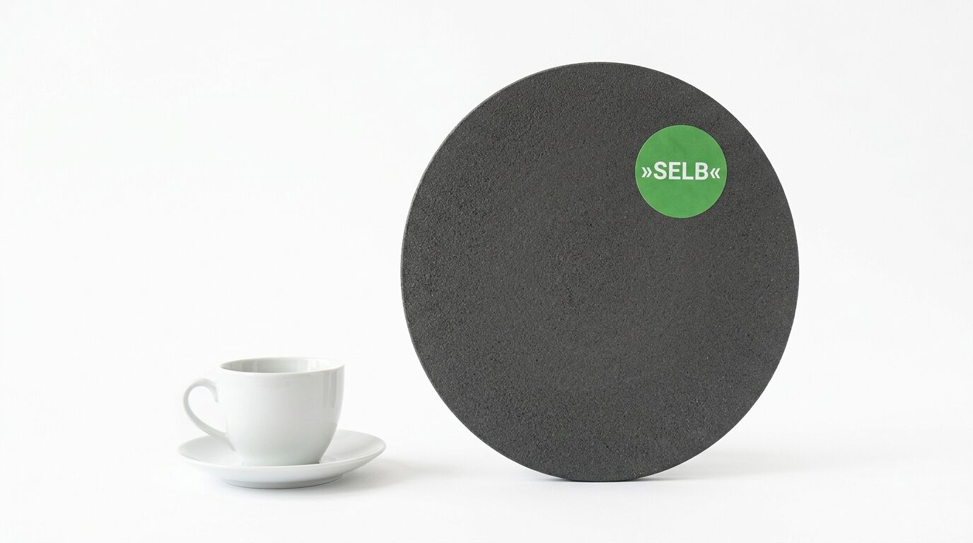 Kaffeetasse mit Untertasse links von einer grauen Schieferscheibe mit grünem Punkt „»SELB«“