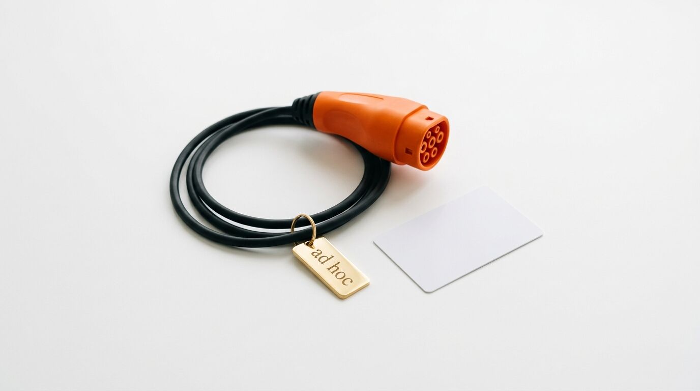 Oranges Ladekabel mit „ad hoc“-Plakette und weißer Karte