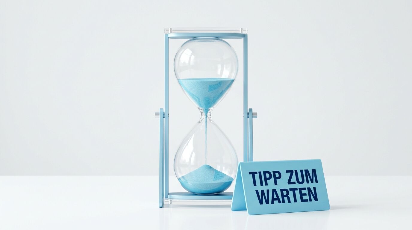 Sanduhr mit blauem Sand neben Schild „TIPP ZUM WARTEN“ auf weißem Hintergrund