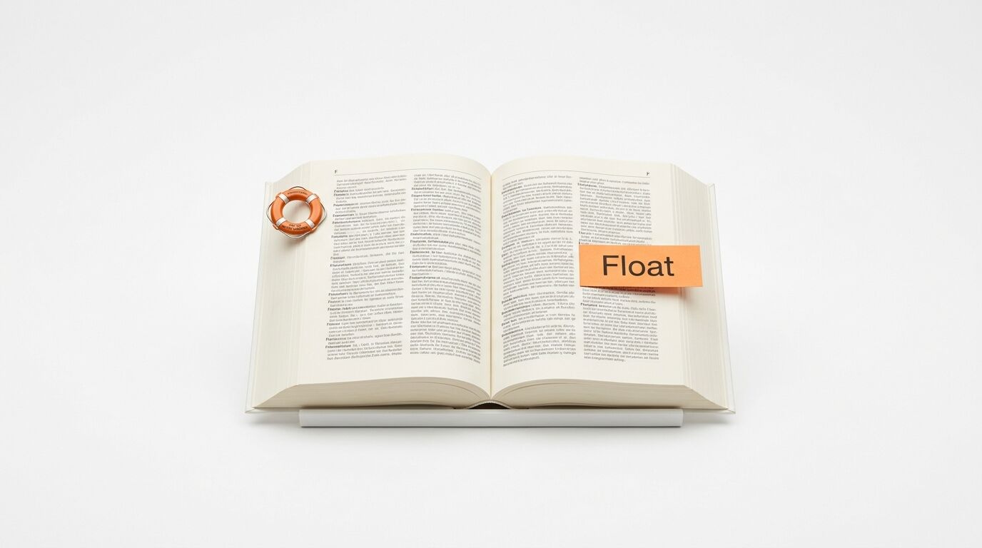 Ein offenes Buch, links ein Rettungsring, rechts ein oranges Etikett mit „Float“