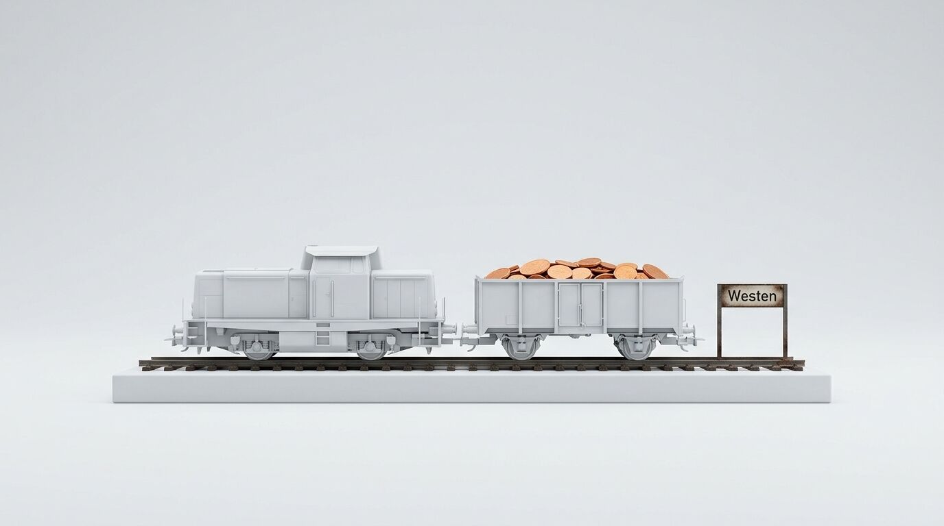 Modellzug mit goldfarbenen Plättchen im Waggon fährt auf Gleisen an einem Schild vorbei