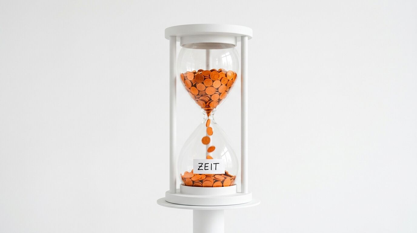 Sanduhr mit Münzen statt Sand vor weißem Hintergrund, untere Hälfte mit Schild „ZEIT“