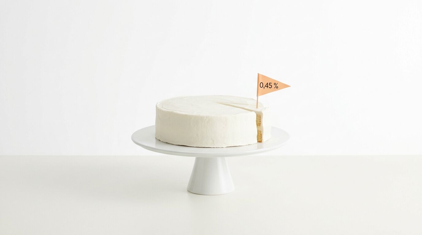 Weiße Torte auf Tortenständer mit Fähnchen „0,45 %“ und herausgeschnittenem Stück vor weißem Hintergrund
