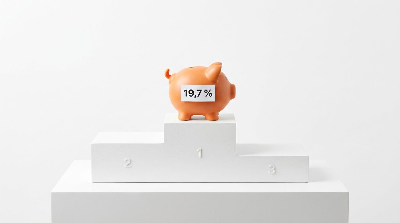 Oranges Sparschwein mit „19,7 %“-Schild steht auf Platz 1 eines weißen Podests