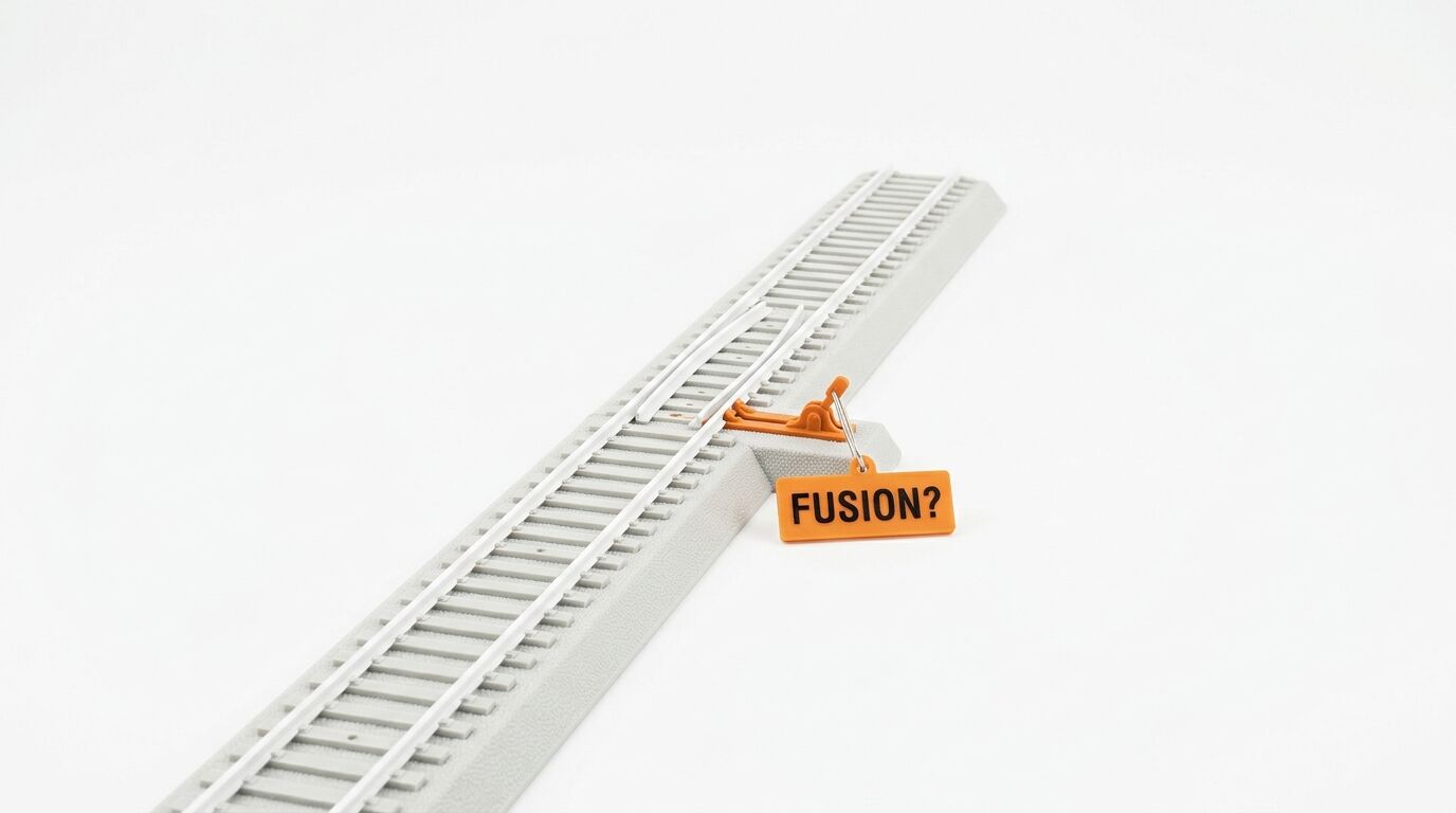 Graues Modellgleis mit Weiche, oranger Weichenhebel, Schild „FUSION?“ auf weißem Grund