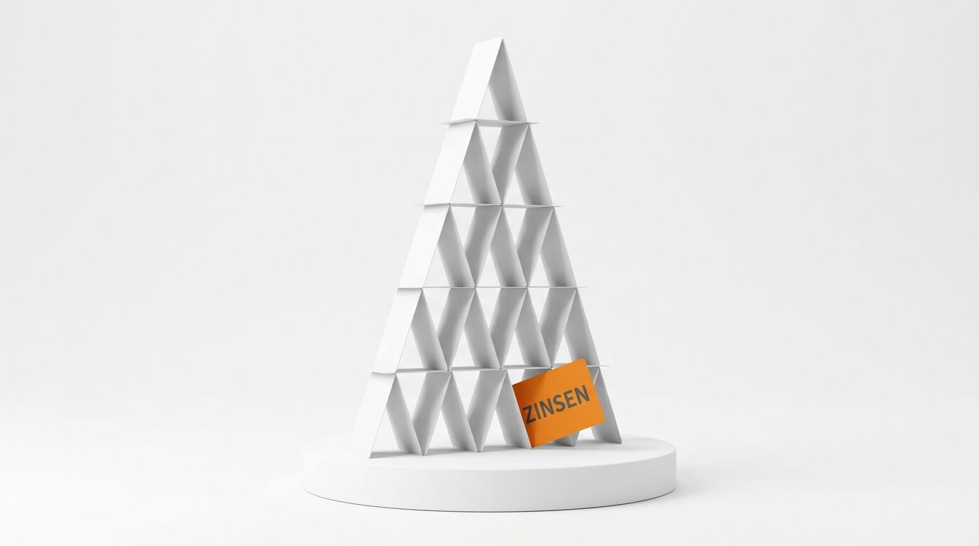 Kartenhaus auf Podest, unten eine orange Karte mit Aufschrift „ZINSEN“ auf Weiß
