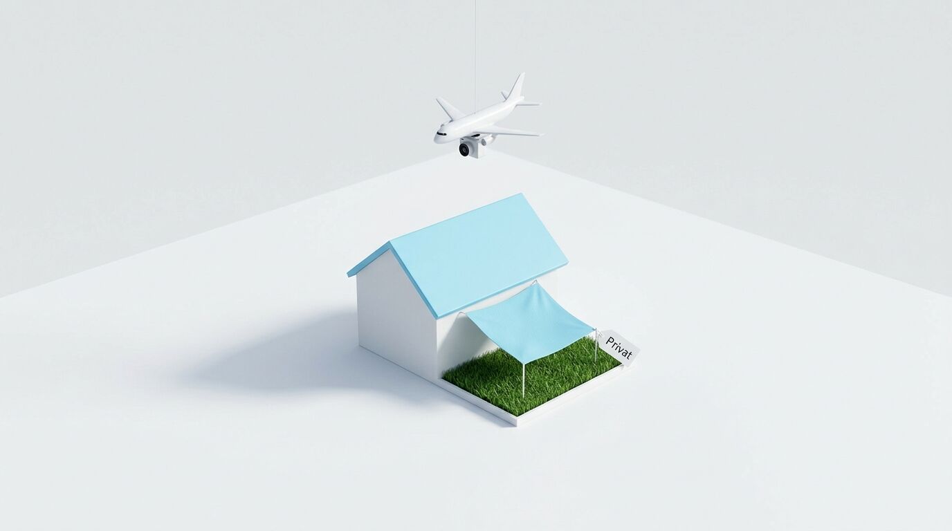 Miniaturhaus mit „Privat“-Schild und Drohnenflugzeug mit Kamera darüber