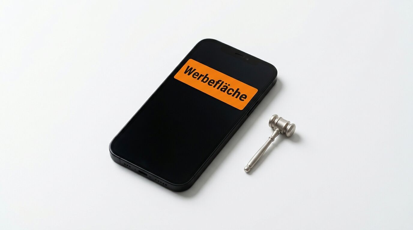 Schwarzes Smartphone mit orangefarbenem Sticker „Werbefläche“ und ein kleiner Auktionshammer