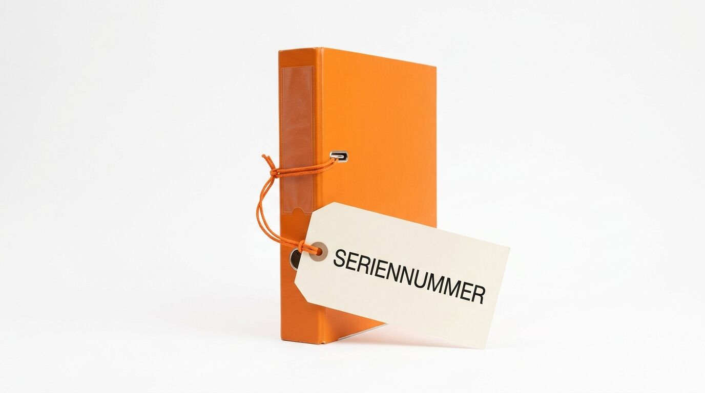 Oranger Aktenordner mit einem Etikett, auf dem „SERIENNUMMER“ steht
