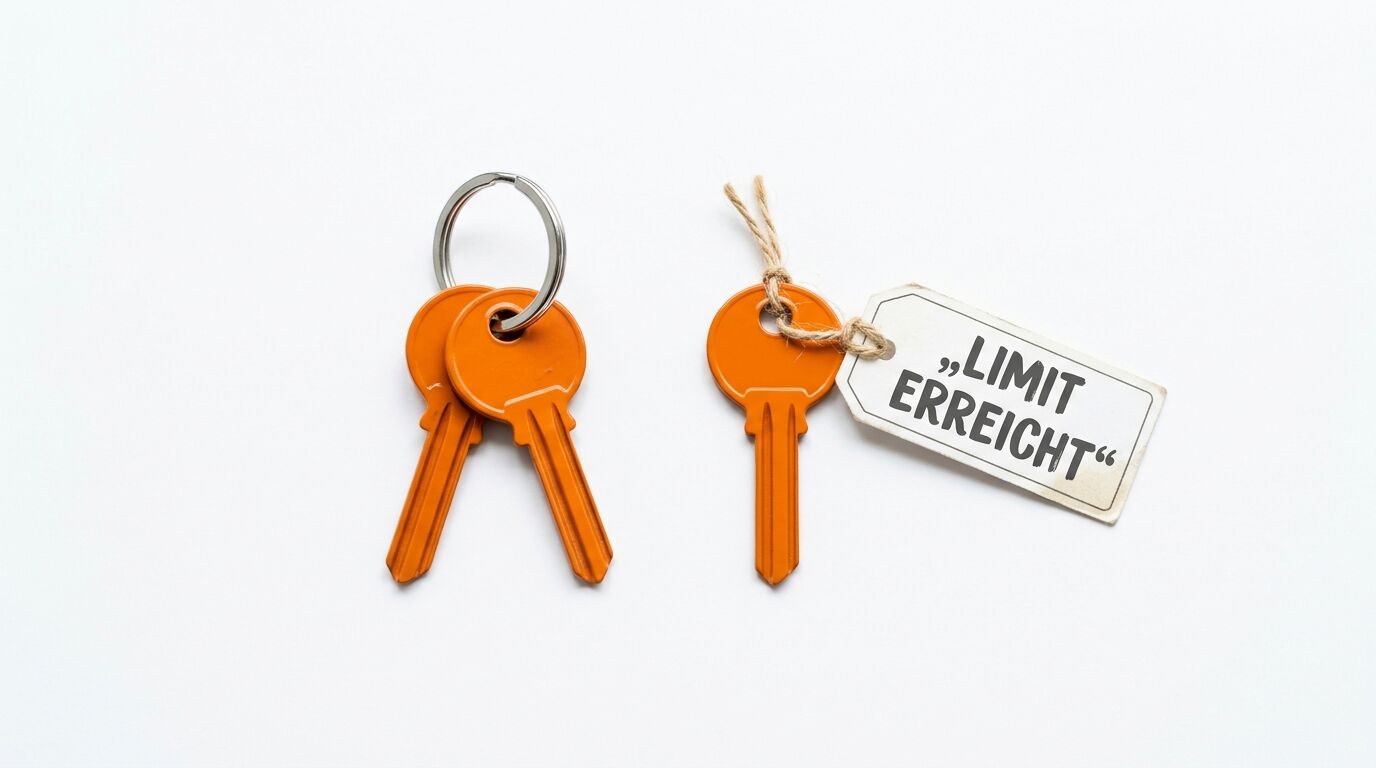Zwei orangefarbene Schlüssel links, ein Schlüssel mit Anhänger „LIMIT ERREICHT“ rechts